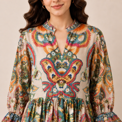 Mosaic Tapestry Split-Neck Maxi Dress