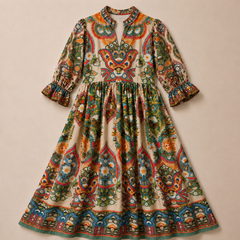 Mosaic Tapestry Split-Neck Maxi Dress