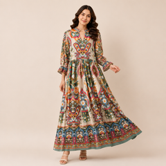 Mosaic Tapestry Split-Neck Maxi Dress
