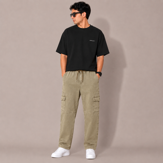 Vintage Acid Wash Olive Denim Cargo Pants