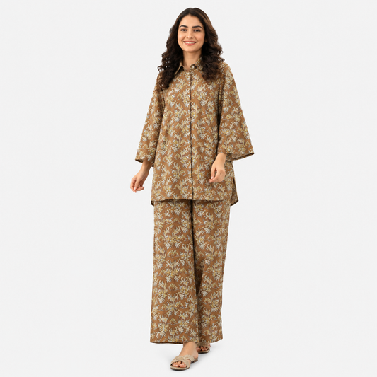 Women's Micro-Leaf Printed Shirt & Wide-Leg Trouser Co-Ord Set