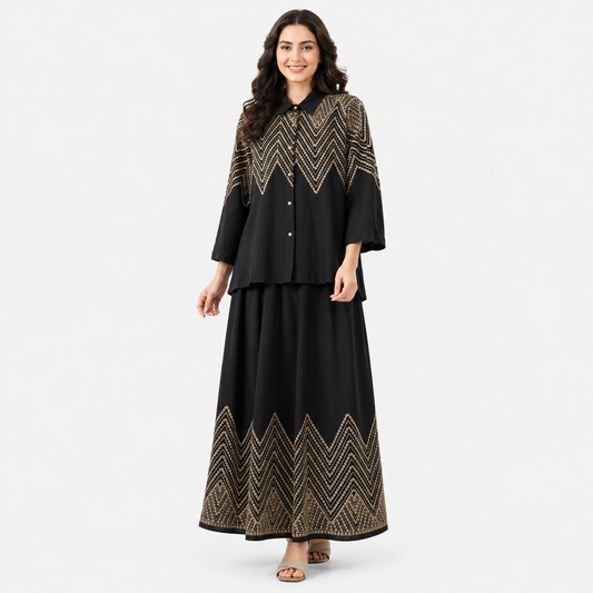 Women's Chevron Embroidered Linen Shirt & Wide-Leg Palazzo Co-Ord Set