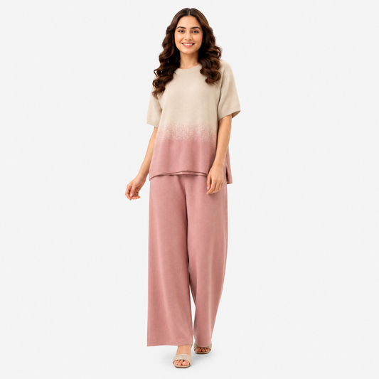 Women's Fancy Ombre Shimmer Knit Top & Wide-Leg Trouser Co-Ord Set