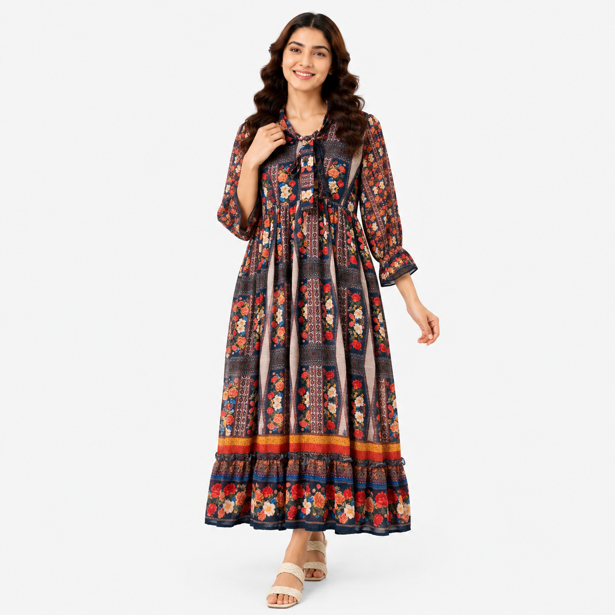 Vintage Tapestry Tie-Neck Maxi Dress