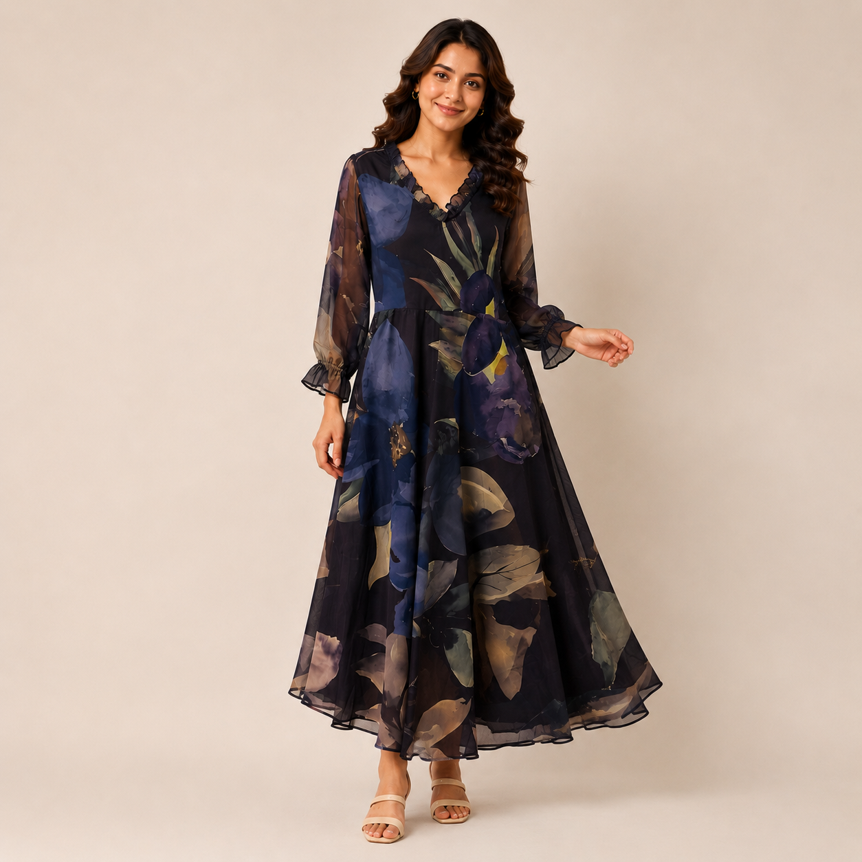 Midnight Bloom Ruffle Maxi Dress