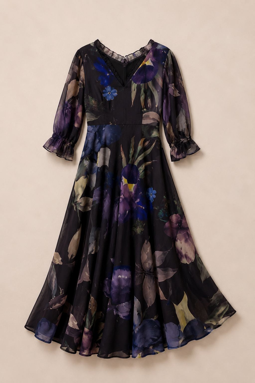 Midnight Bloom Ruffle Maxi Dress