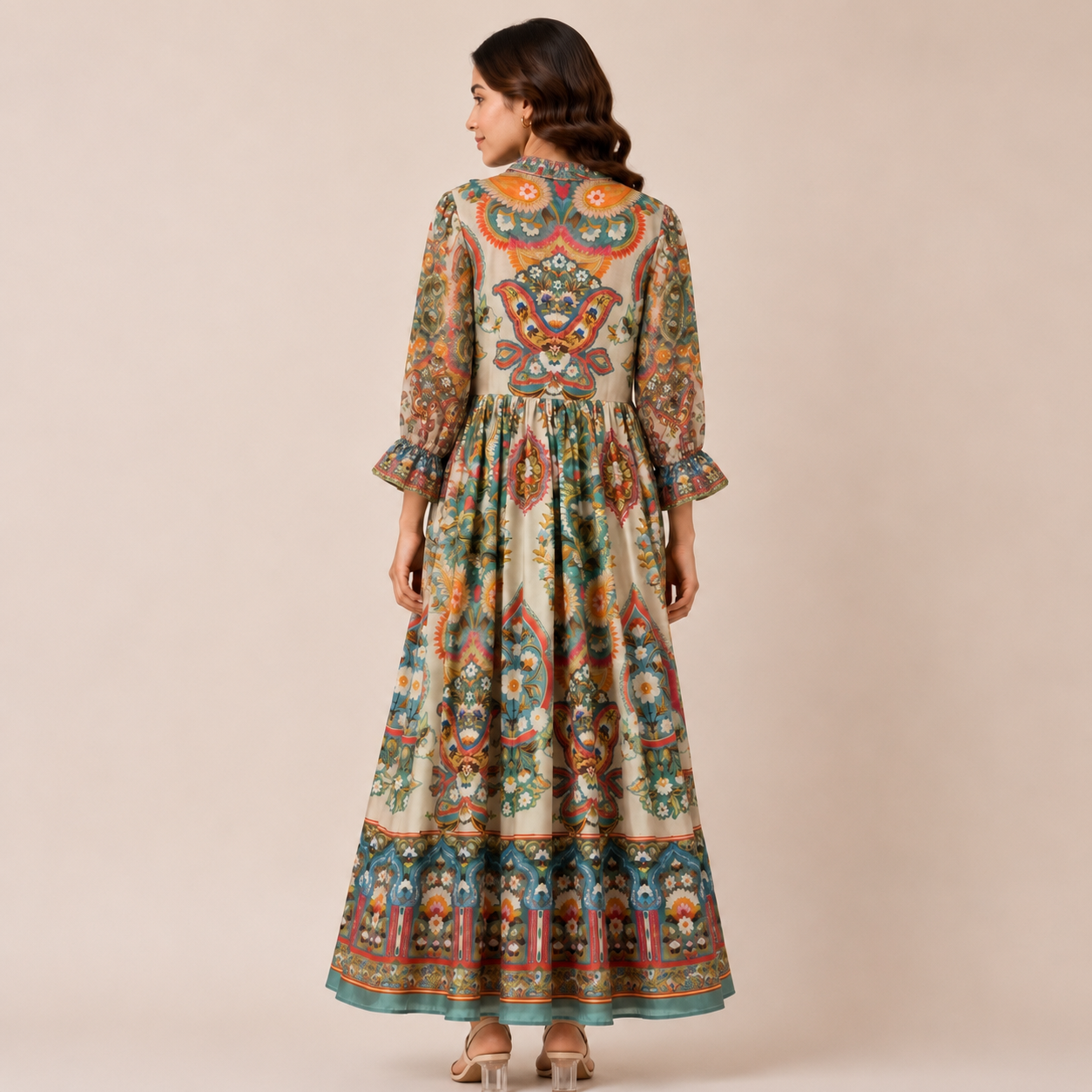 Mosaic Tapestry Split-Neck Maxi Dress