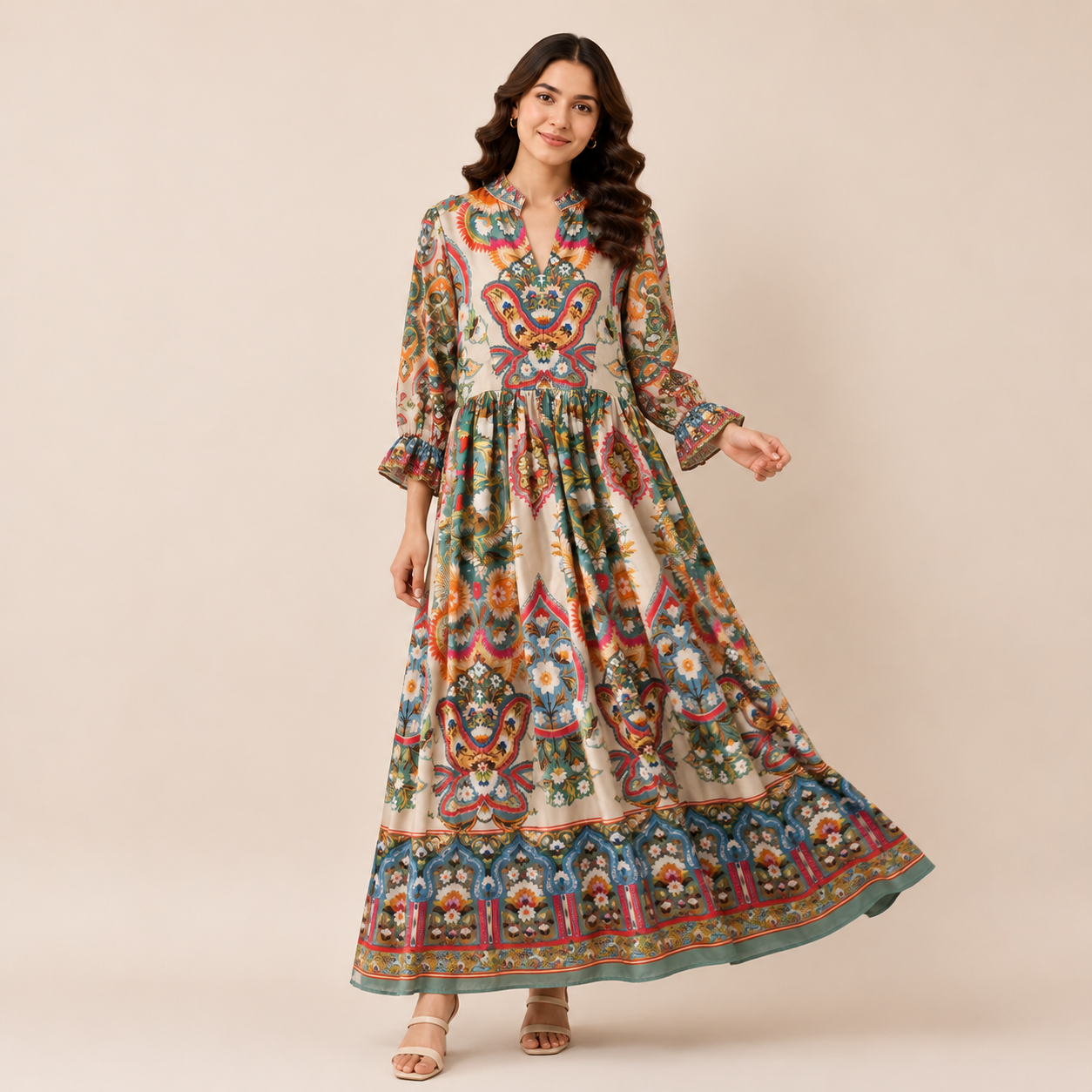 Mosaic Tapestry Split-Neck Maxi Dress