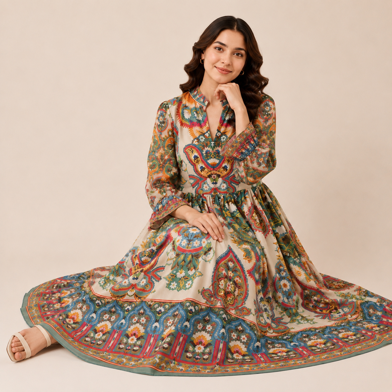 Mosaic Tapestry Split-Neck Maxi Dress