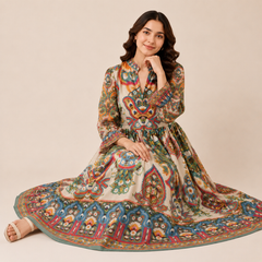 Mosaic Tapestry Split-Neck Maxi Dress