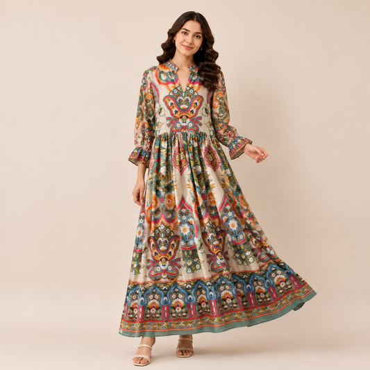 Mosaic Tapestry Split-Neck Maxi Dress