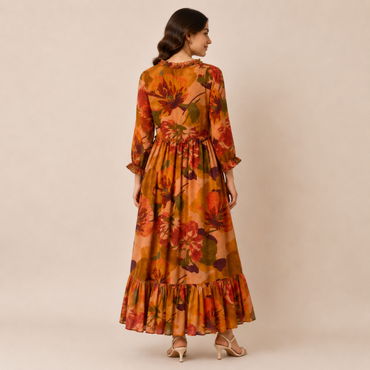 Sunset Bloom Ruffled Maxi Dress