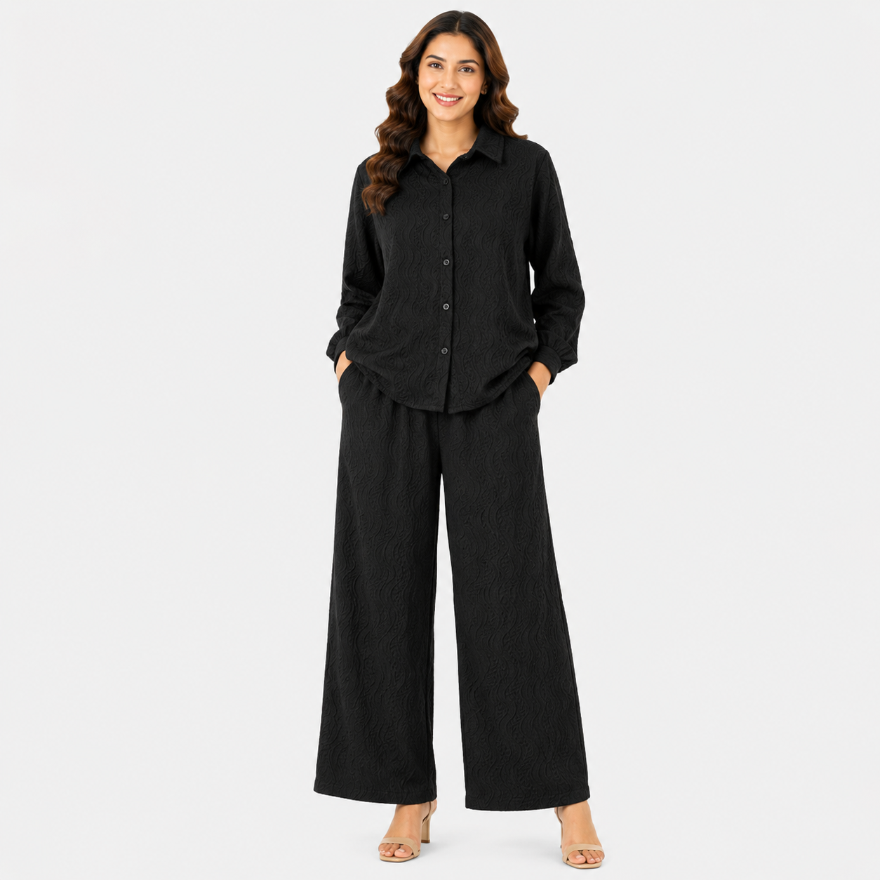 Black Desing Shirt Cord Set