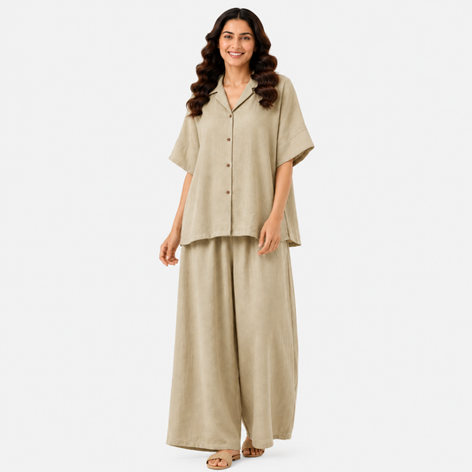 Women's Cuban Collar Short-Sleeve Linen Shirt & Wide-Leg Co-Ord Set