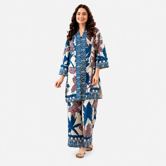 Women's Tropical Palm Printed Long Tunic & Wide-Leg Palazzo Co-Ord Set