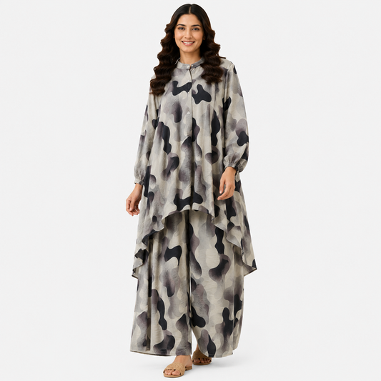 Women's Abstract Camo Printed High-Low Long Shirt & Wide-Leg Co-Ord Set
