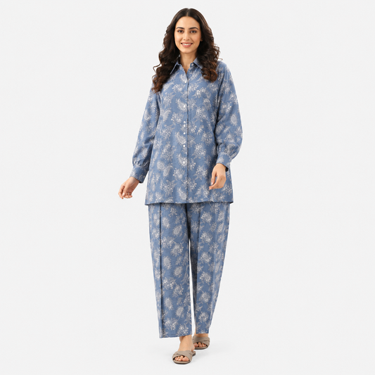 Women's Micro-Leaf Printed Shirt & Wide-Leg Trouser Co-Ord Set
