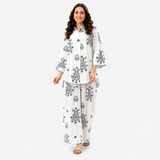 Women's White Paisley Ethnic Printed Shirt & Wide-Leg Palazzo Co-Ord Set
