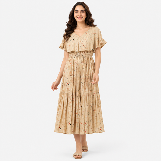 Midnight Dot Capelet Smocked Midi Dress