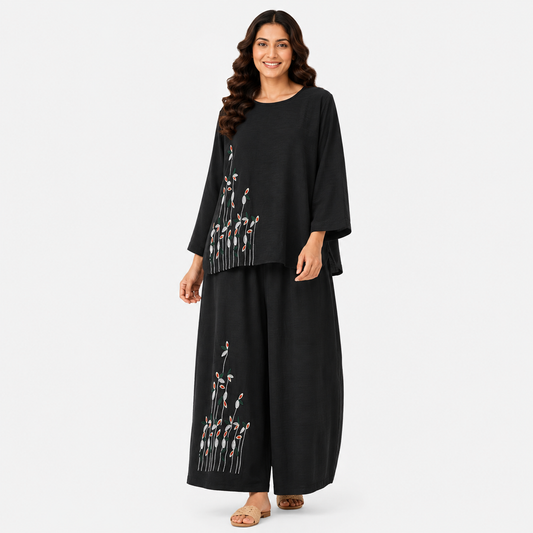 Women's Botanical Embroidered Linen Tunic & Wide-Leg Palazzo Co-Ord Set