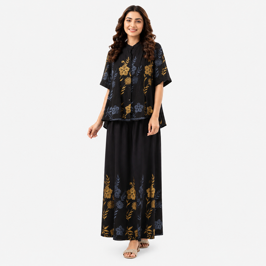 Women's Botanical Floral Printed Linen Shirt & Wide-Leg Palazzo Co-Ord Set