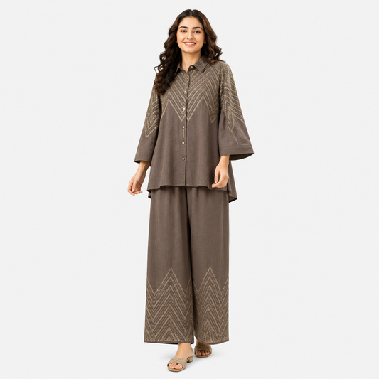 Women's Chevron Embroidered Linen Shirt & Wide-Leg Palazzo Co-Ord Set