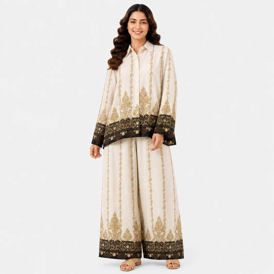 Women's Antique Gold Ethnic Printed Shirt & Wide-Leg Palazzo Co-Ord Set