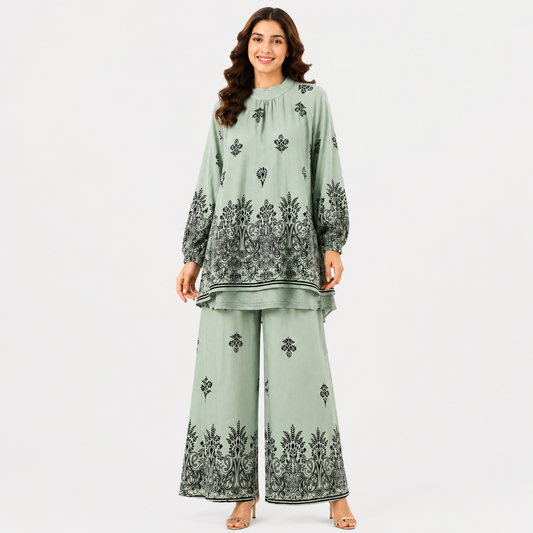 Women's Ornate Damask Printed Tunic & Wide-Leg Palazzo Co-Ord Set