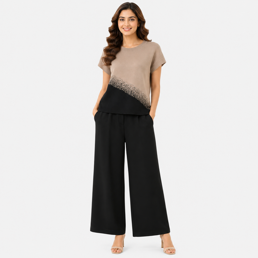 Women's Fancy Ombre Shimmer Knit Top & Wide-Leg Trouser Co-Ord Set