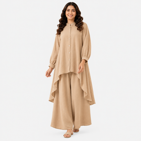 Women's High-Low Button-Down Long Shirt Co-Ord Set
