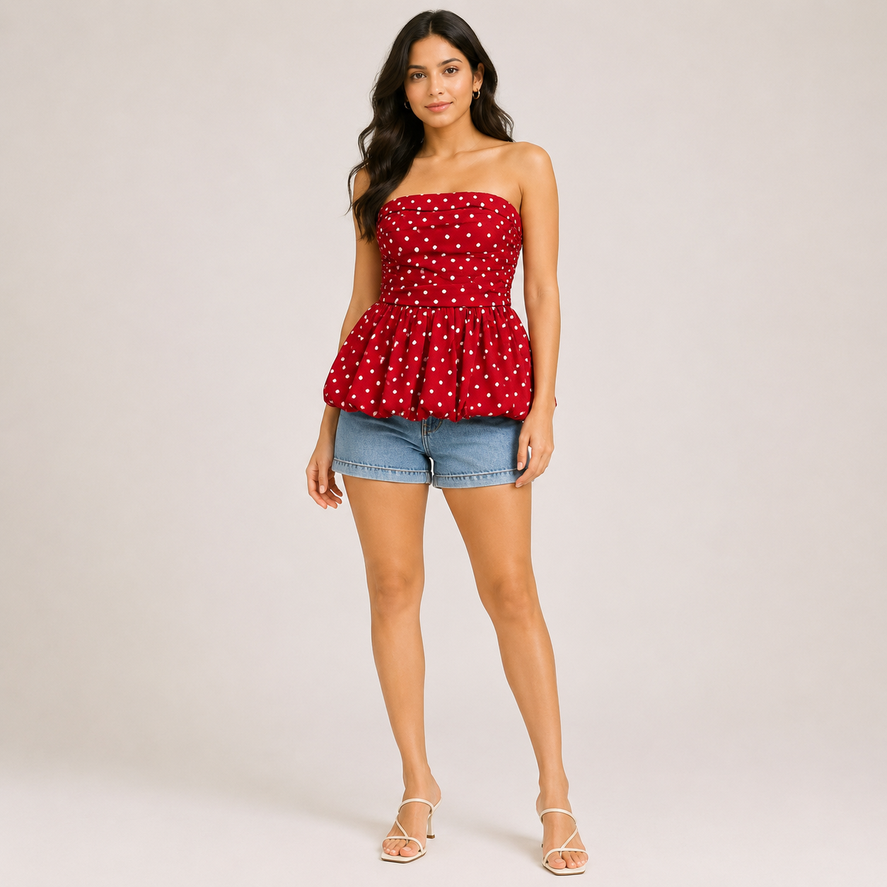 Women's Retro Polka Dot Strapless Peplum Tube Top