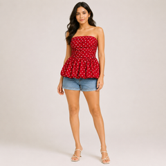 Women's Retro Polka Dot Strapless Peplum Tube Top