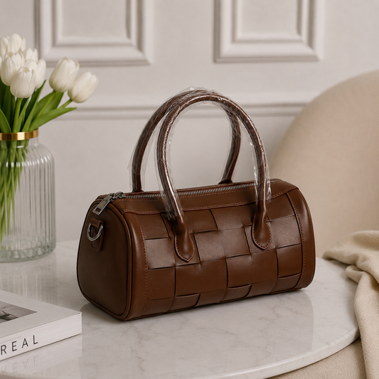 Chestnut Woven Leather Barrel Satchel Bag