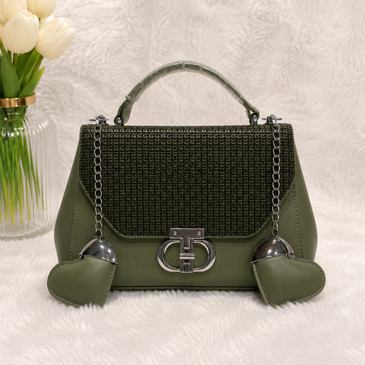 Olive Crystal Flap Heart-Charm Satchel Bag