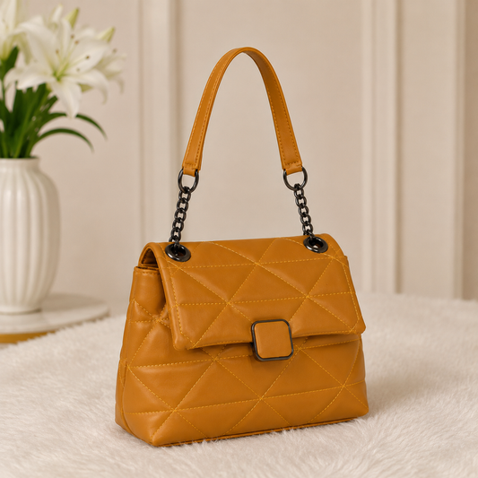 Mustard Geometric Quilted Chain Flap Bag